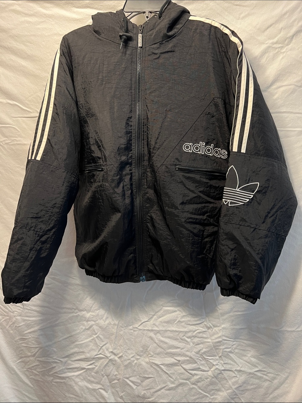 Vintage Adidas Black Hooded Puffer insulated Windbreaker with White logo Detail